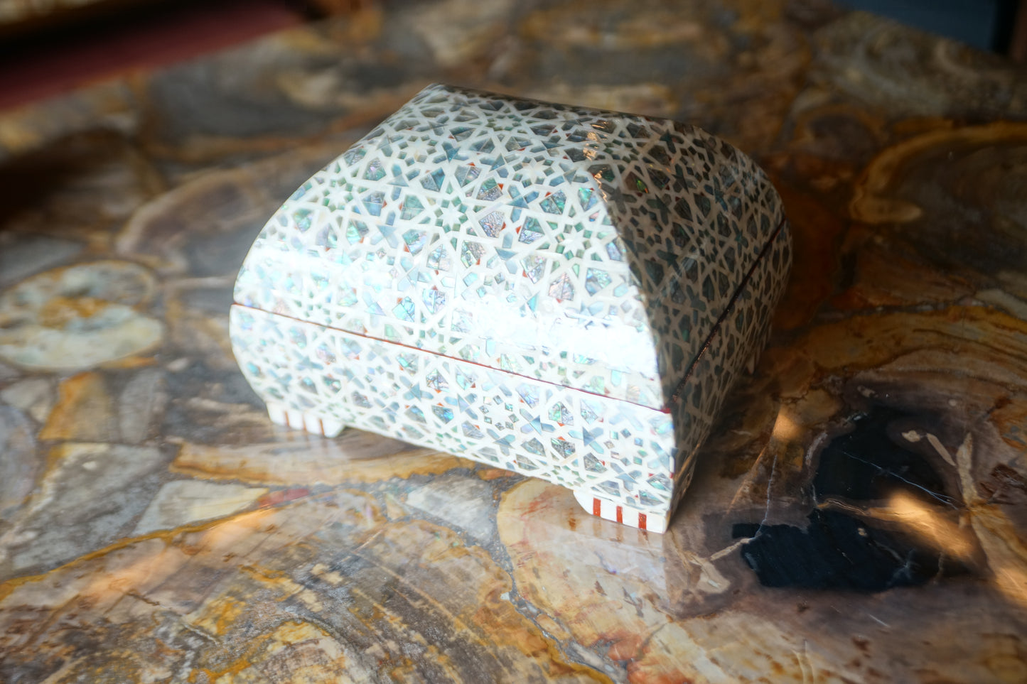 Very Unique Mother of Pearl Mosaic Covered Wooden Box