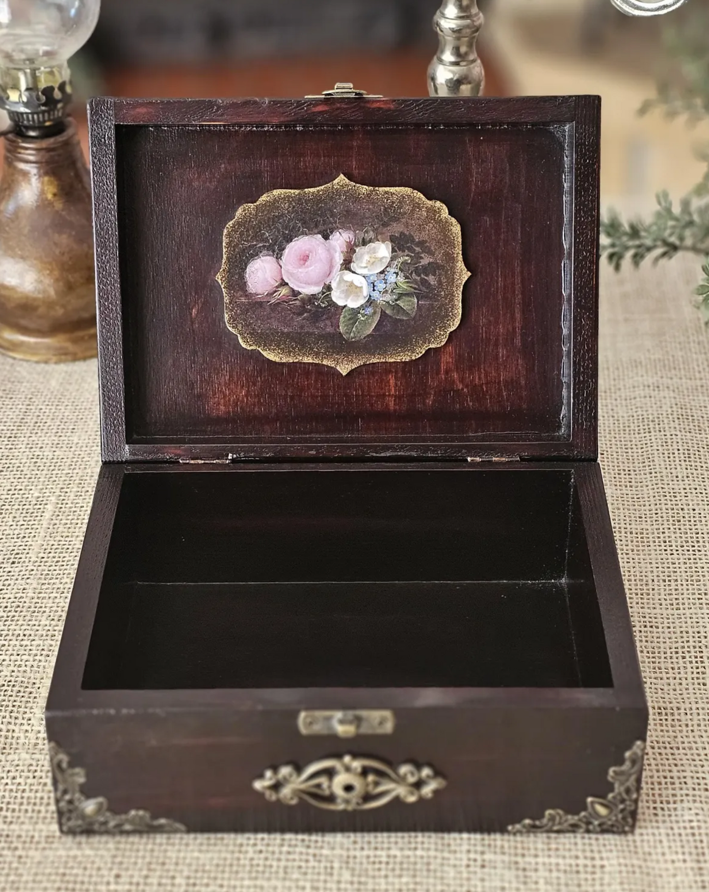 Antique Style Wooden Box Decorated with Floral Painting