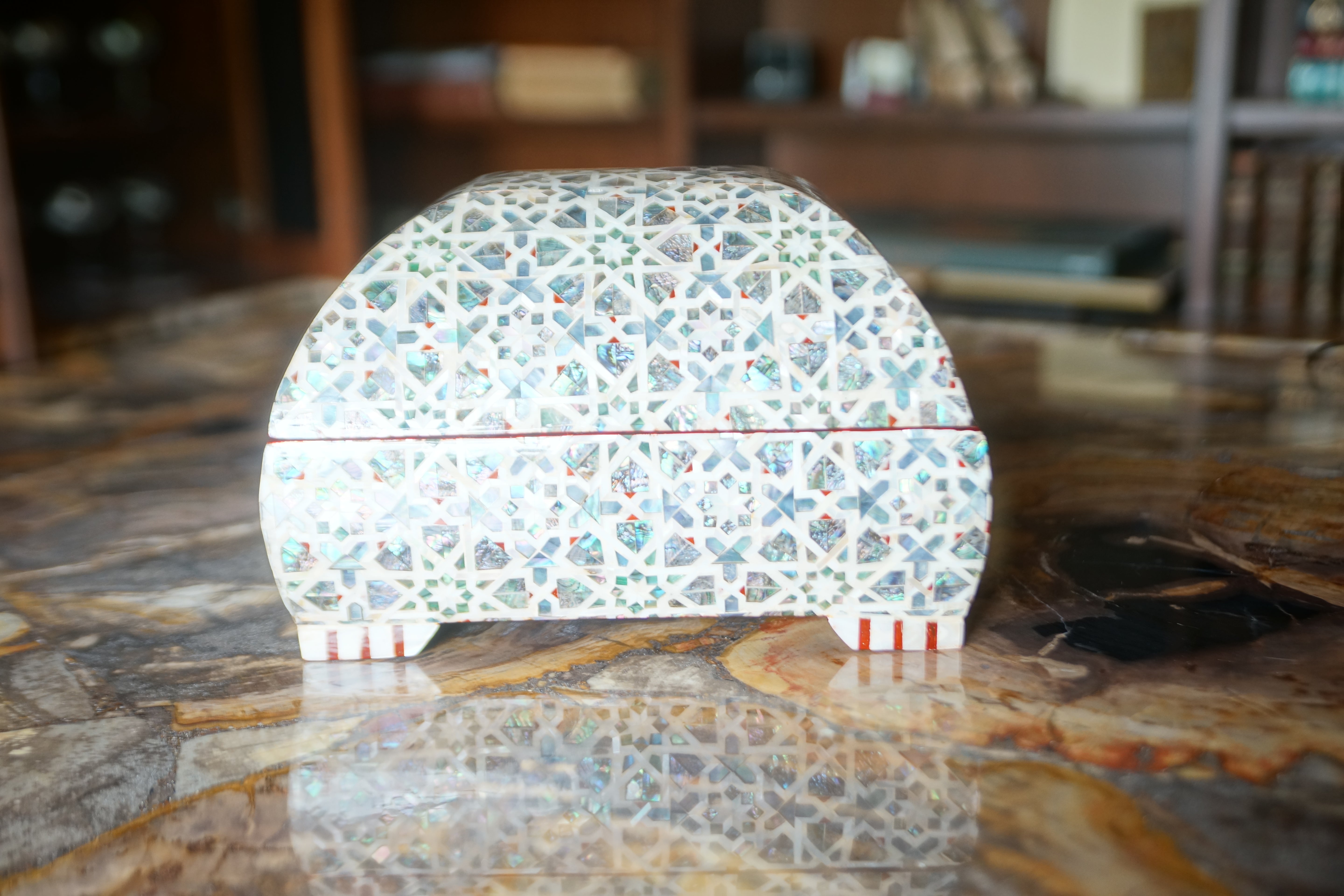 Very Unique Mother of Pearl Mosaic Covered Wooden Box - LuxSense