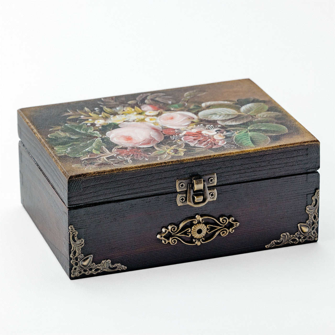 Antique Style Wooden Box Decorated with Floral Painting
