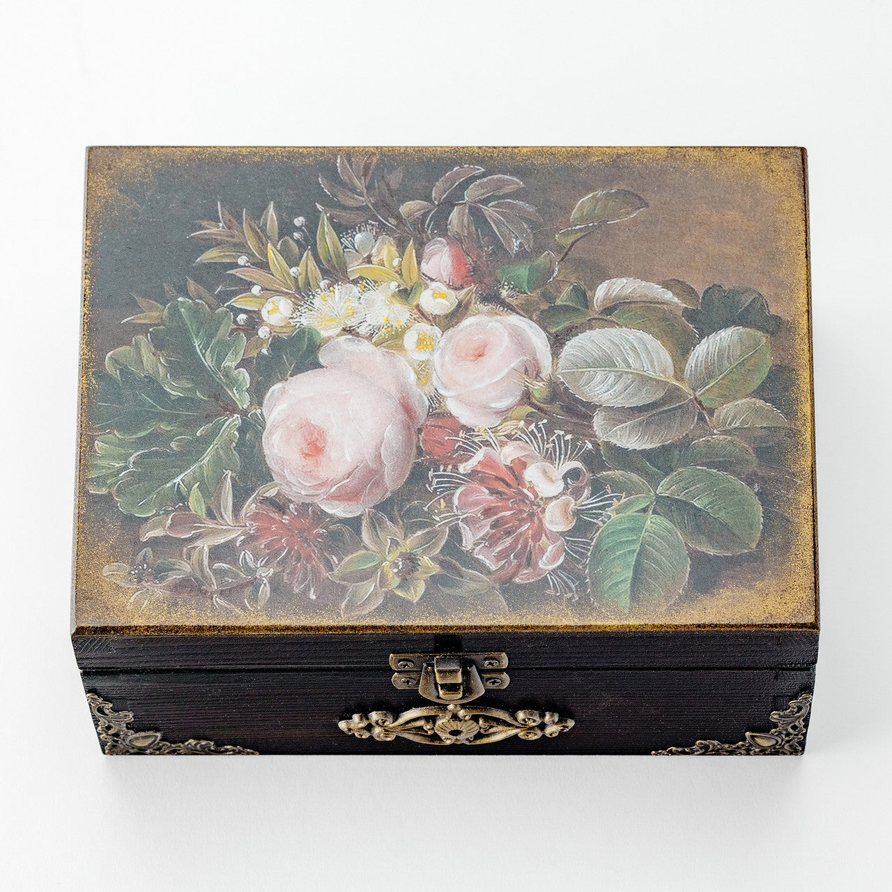 Antique Style Wooden Box Decorated with Floral Painting