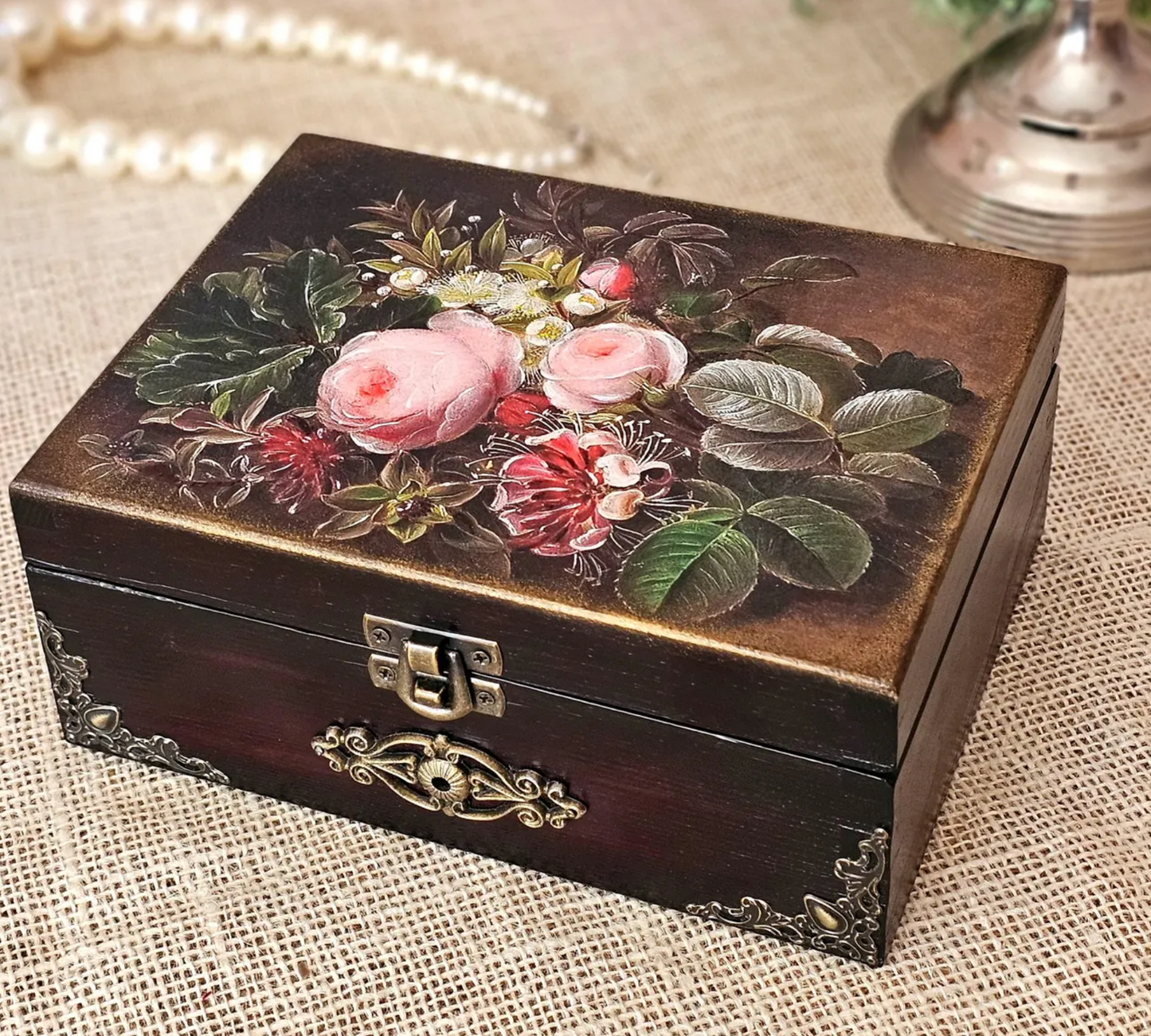 Antique Style Wooden Box Decorated with Floral Painting