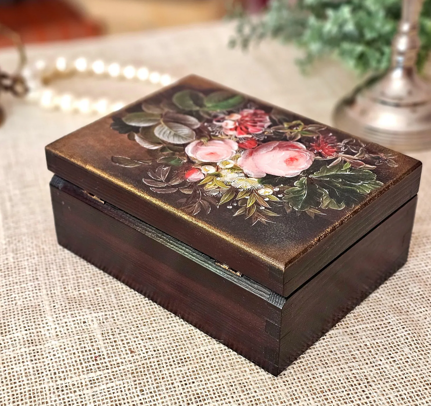 Antique Style Wooden Box Decorated with Floral Painting